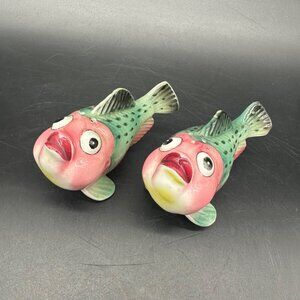 Vintage Rainbow Trout Fish Shakers Figurines Green Pink Mid Century Kitschy
